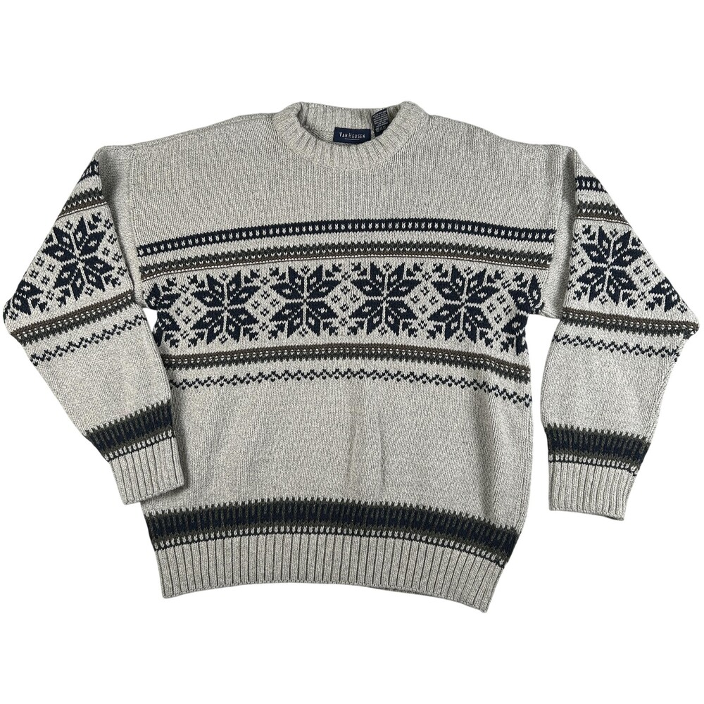 Vintage Van Heusen Sweater Mens Large Grandpa Fair Isle Knit Crewneck USA 80s